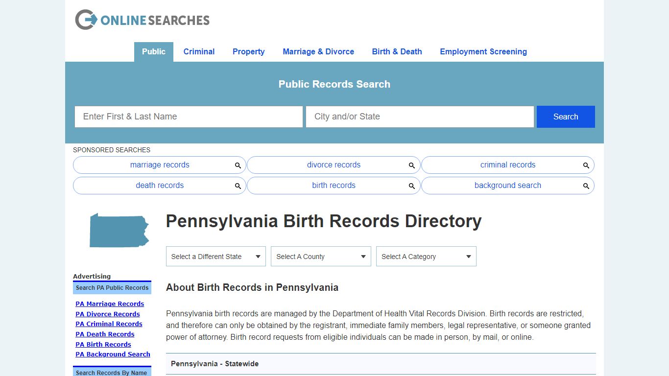 Pennsylvania Birth Records Search Directory - OnlineSearches.com